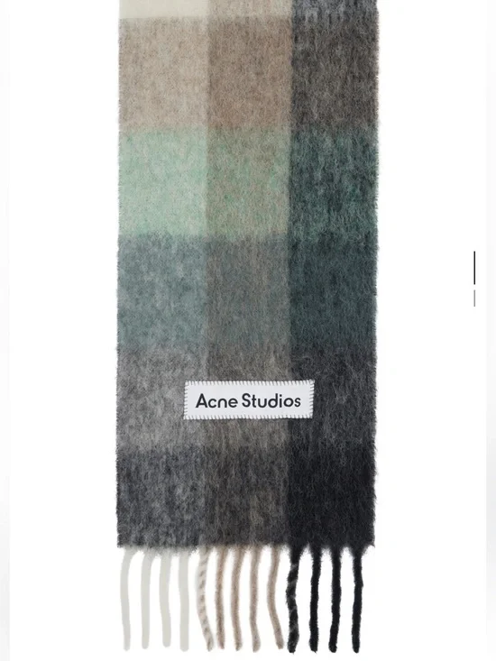 Acne Wool Blend Scarf in Gray, Charcoal and Mint Check - Picture 5 of 5